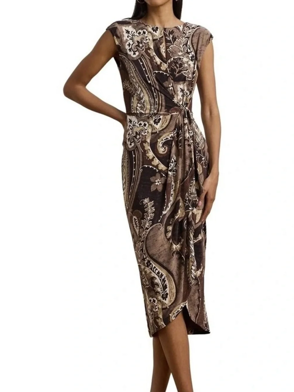 Ralph Lauren Brown Paisley Tie-Waist Midi Dress size 14 NWT - Picture 1 of 7